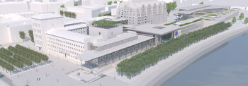 Blick von oben auf die Visualisierung der Landtagserweiterung mit Kubus und Erweiterungsbau