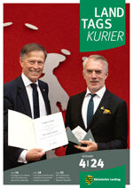 Titel Landtagskurier 4/24, Landtagspräsident Dr. Matthias Rößler mit Maler Neo Rauch bei der Verleihung der Verfassungsmedaille