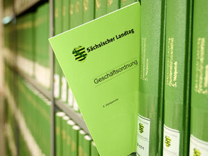 Zwischen grünen Büchern steckt die aktuelle Geschäftsordnung des Parlaments.