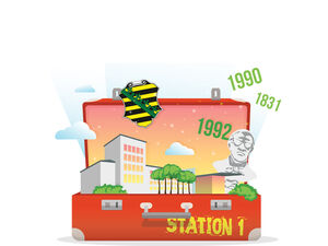 Ein Bild des Landtagskoffer Station 1. Der Titel lautet: Den Landtag erkunden. Geschichte, Gebäude, Gesichter.